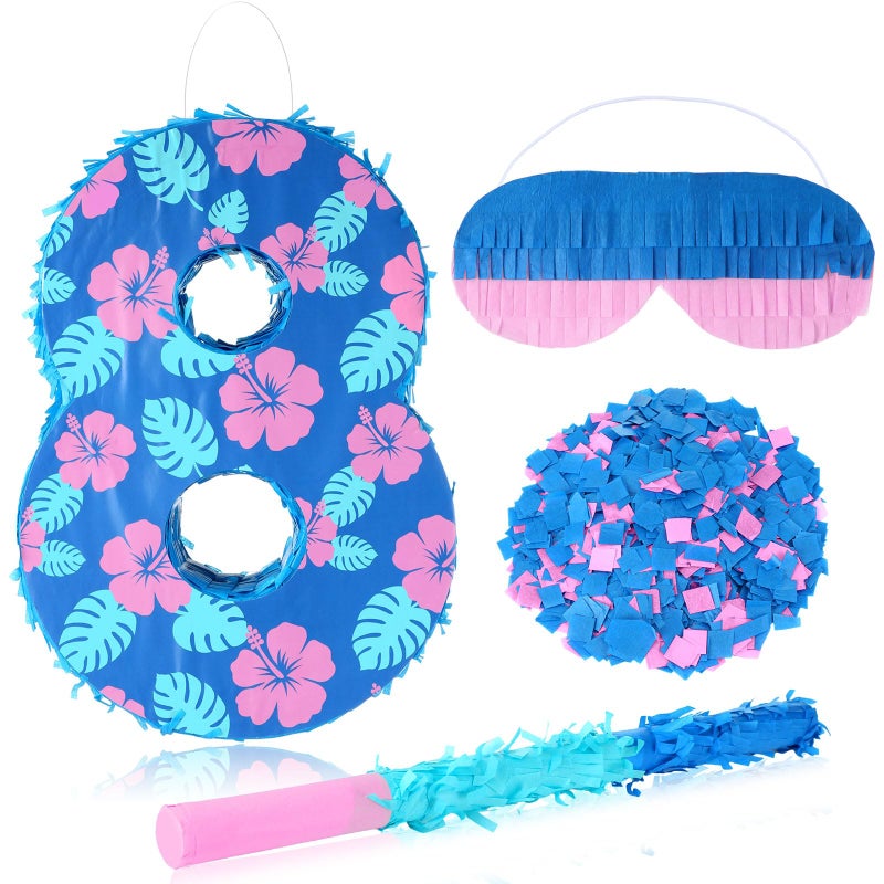 Halloscume Number 8 Piata with Hibiscus Design Dark Blue 8th Birthday Decorations with Stick Blindfold Confetti for Anniversary Party Decorations Supplies - Image 3