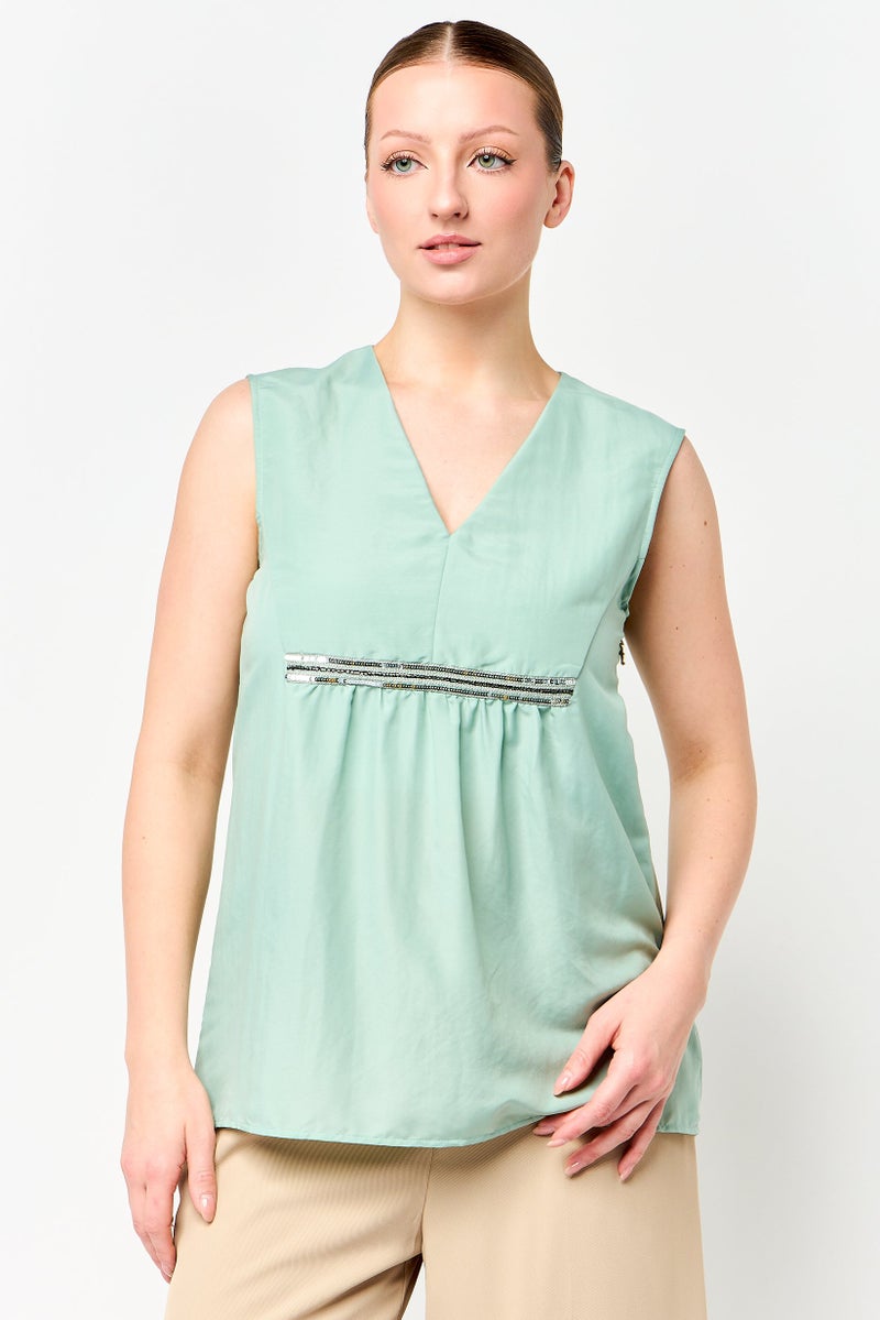 Harmont & Blaine Women  V Neck Sleeveless Sequin Top, Green - Image 1