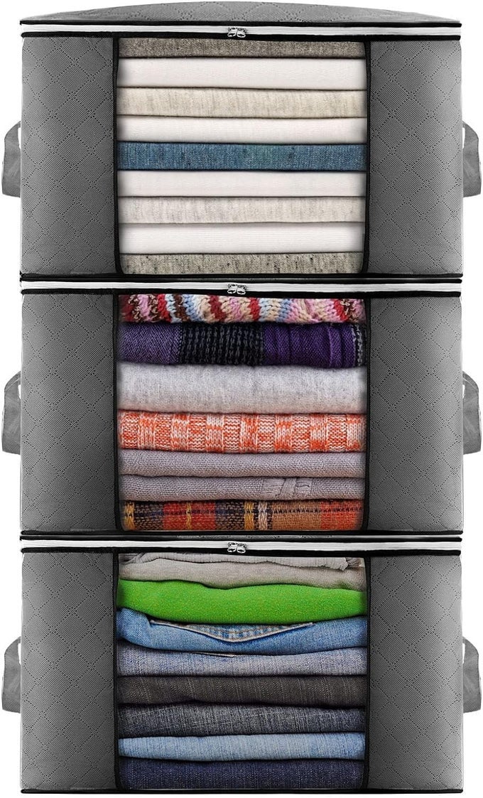 CLOTHES STORAGE BAG 3PACK 90L LARGE CAPACITY SOLUTION ORGANIZER FOR CLOTHES DUVETS COMFORTERS BLANKETS BEDDING WITH ZIP AND CLEAR WINDOW REINFORCED HANDLE THICK AND BREATHABLE FABRIC