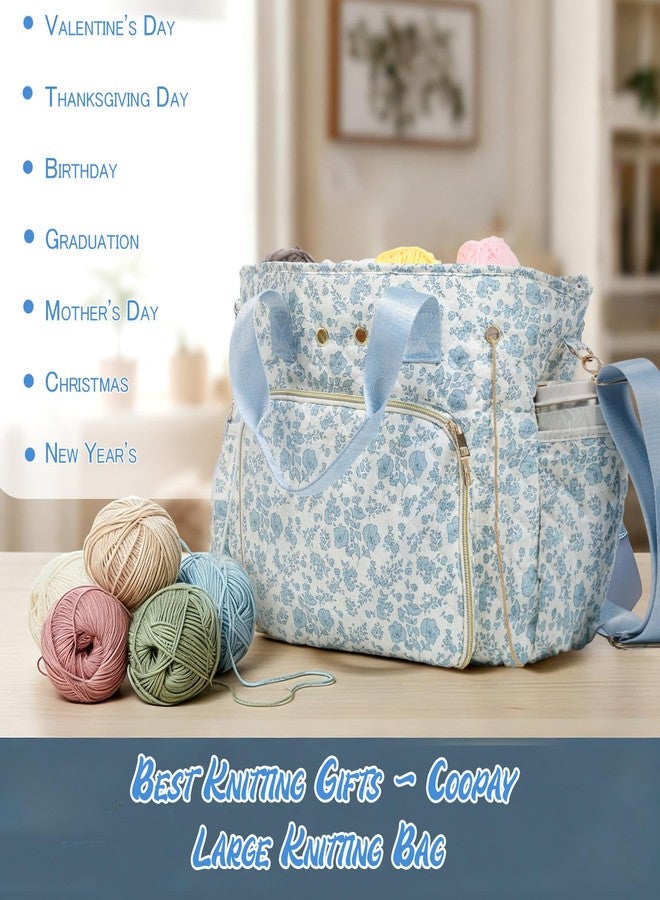 SilTriangle Large Blue floral quilted Crochet Knitting Bags and Totes Organizer Cotton Yarn Hook Bag Holder Christmas Corduroy Gift for Crochet Lover Crocheting Accessories, Needle with Zipper, Size L - Image 2