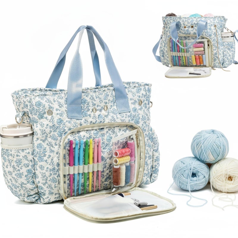 SilTriangle Large Blue floral quilted Crochet Knitting Bags and Totes Organizer Cotton Yarn Hook Bag Holder Christmas Corduroy Gift for Crochet Lover Crocheting Accessories, Needle with Zipper, Size L - Image 1