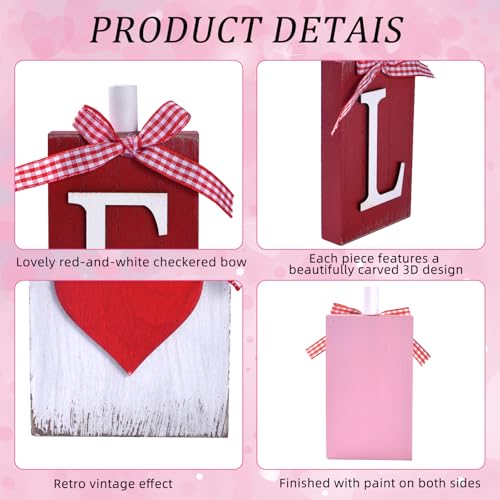 IDATOO Valentine's Day Table Decorations, 4PCs Wooden LOVE Letters Decor with Heart for Home Office, Sweet Wooden Love Sign with Bow, Tabletop Centerpiece for Tiered Tray Shelf Mantel Fireplace (LOVE) - Image 4