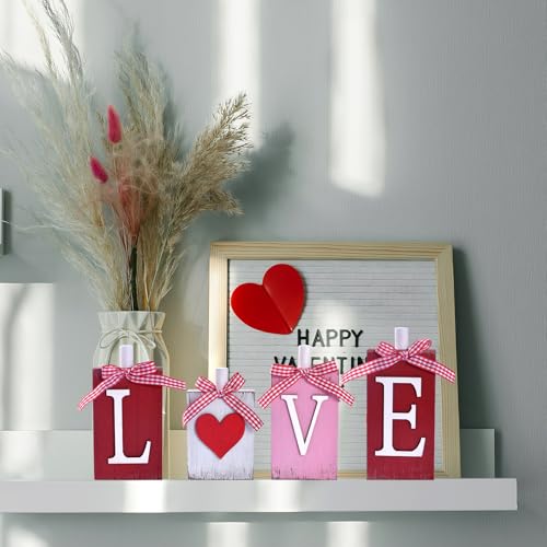 IDATOO Valentine's Day Table Decorations, 4PCs Wooden LOVE Letters Decor with Heart for Home Office, Sweet Wooden Love Sign with Bow, Tabletop Centerpiece for Tiered Tray Shelf Mantel Fireplace (LOVE) - Image 5