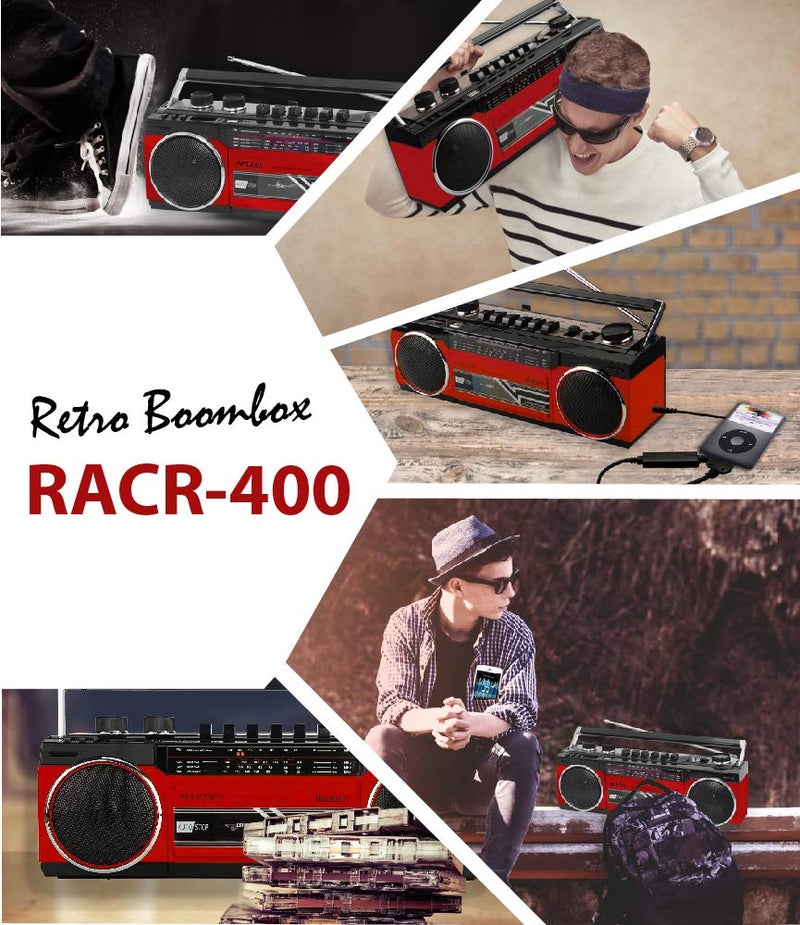Riptunes Cassette Boombox, Retro Blueooth Boombox, Cassette Player and Recorder, AM/FM/SW-1-SW2 Radio-4-Band Radio, USB, and SD, RED - Image 4