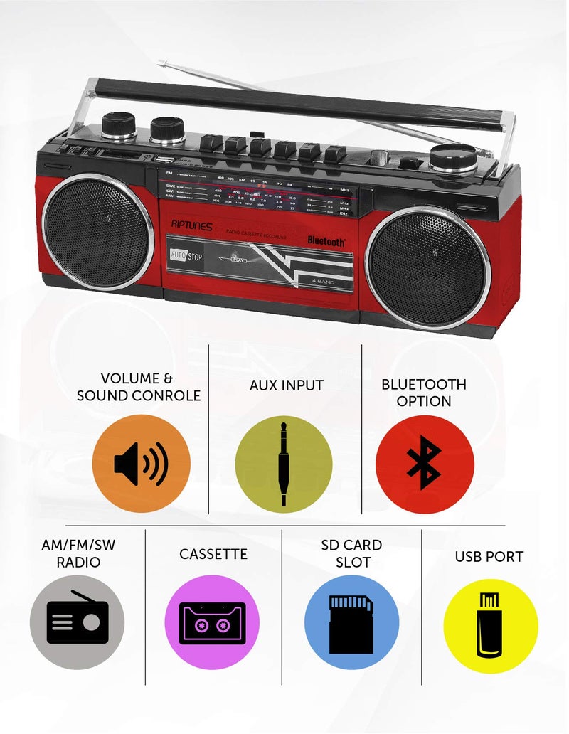 Riptunes Cassette Boombox, Retro Blueooth Boombox, Cassette Player and Recorder, AM/FM/SW-1-SW2 Radio-4-Band Radio, USB, and SD, RED - Image 2