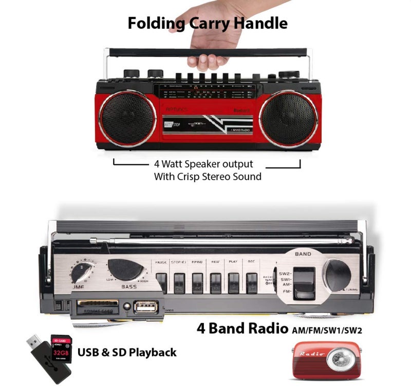Riptunes Cassette Boombox, Retro Blueooth Boombox, Cassette Player and Recorder, AM/FM/SW-1-SW2 Radio-4-Band Radio, USB, and SD, RED - Image 3