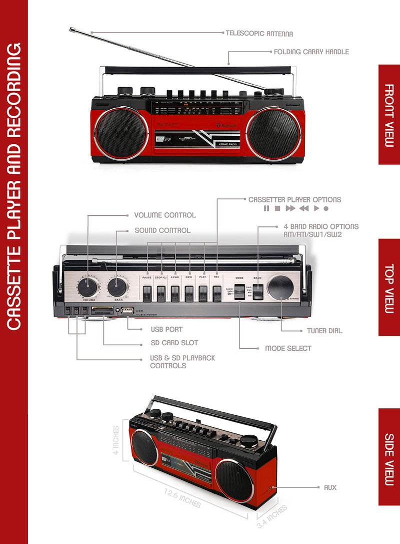 Riptunes Cassette Boombox, Retro Blueooth Boombox, Cassette Player and Recorder, AM/FM/SW-1-SW2 Radio-4-Band Radio, USB, and SD, RED - Image 5