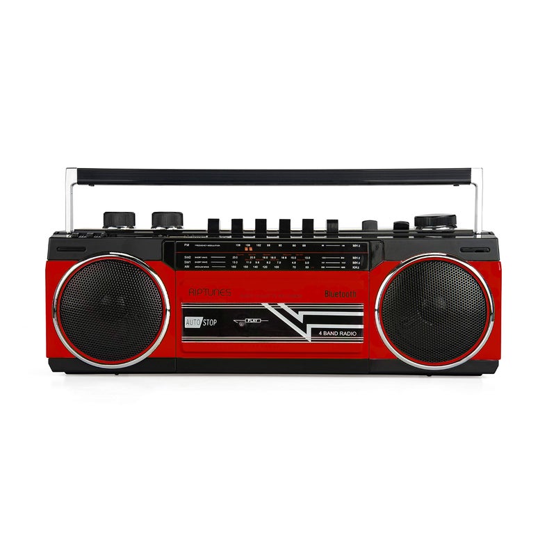 Riptunes Cassette Boombox, Retro Blueooth Boombox, Cassette Player and Recorder, AM/FM/SW-1-SW2 Radio-4-Band Radio, USB, and SD, RED - Image 1
