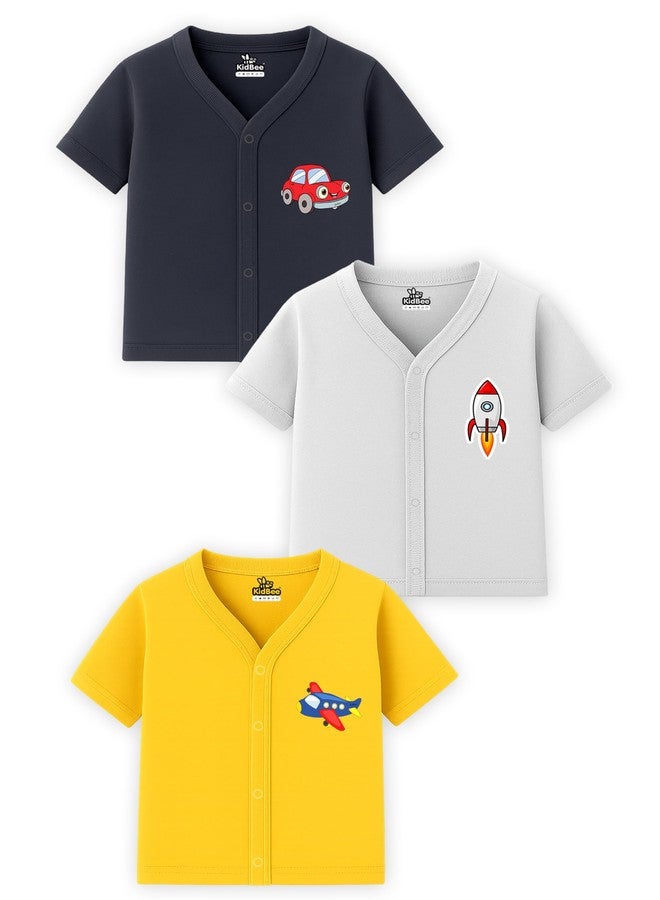 Kidbee Baby Jabla Front Open Half Sleeves Soft Cotton T-Shirt Top with Cute Chest Print - Pack of 3 (in, Age, 9 Months, 12 Months, Regular, PL-JHS-Multi-3pc-B) - Image 2