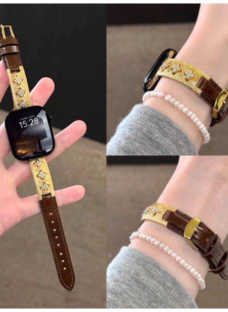 سوار الشريط الجلدي iWatch استبدال الشريط تصميم دقيق قفل الذهب البني مناسب لـ 45 مم - iwatch 7/8/9 الجيل - Image 1