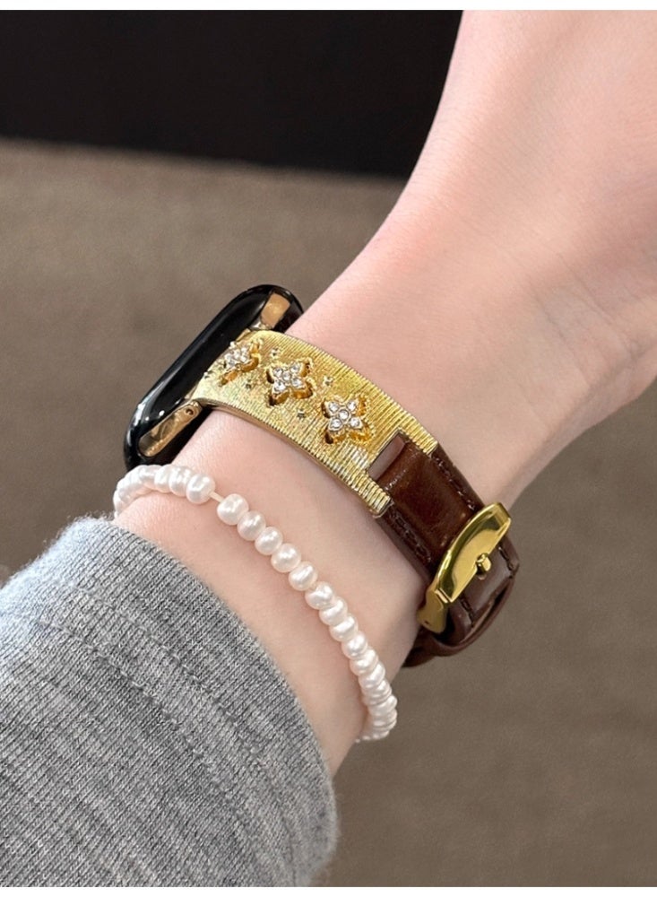 سوار الشريط الجلدي iWatch استبدال الشريط تصميم دقيق قفل الذهب البني مناسب لـ 45 مم - iwatch 7/8/9 الجيل - Image 2