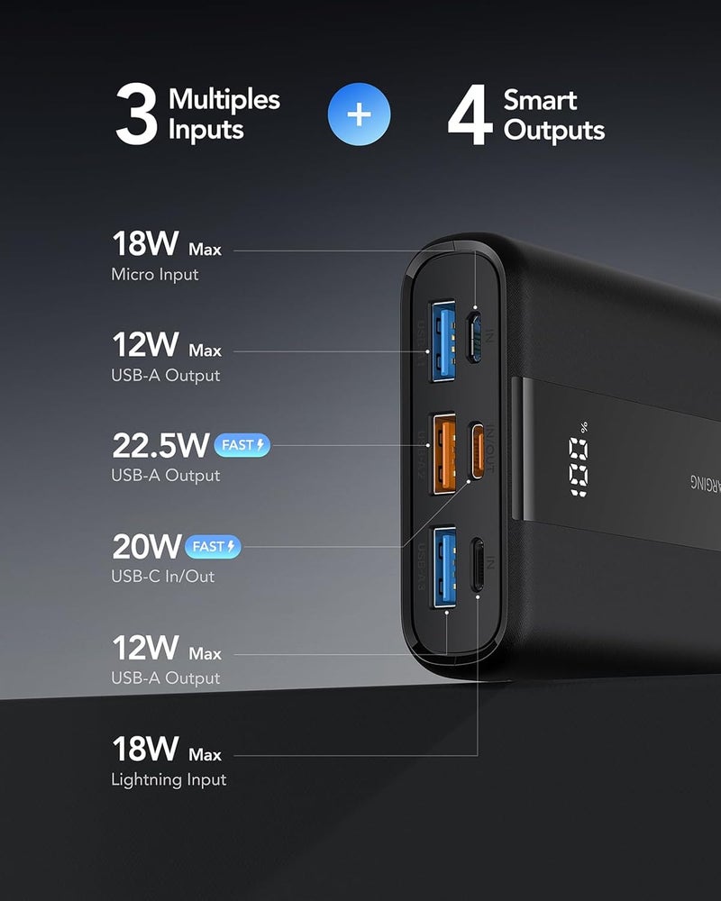 VRURC Powerbank, 22.5W Power Bank 20000mAh, PD & QC 3.0 Fast Charging USB C Portable Charger, 4 Output 3 Input Battery Pack with LED Display Compatible with iPhone 17 16 15 14 13 12 Pro/Max Xiaomi - Image 2
