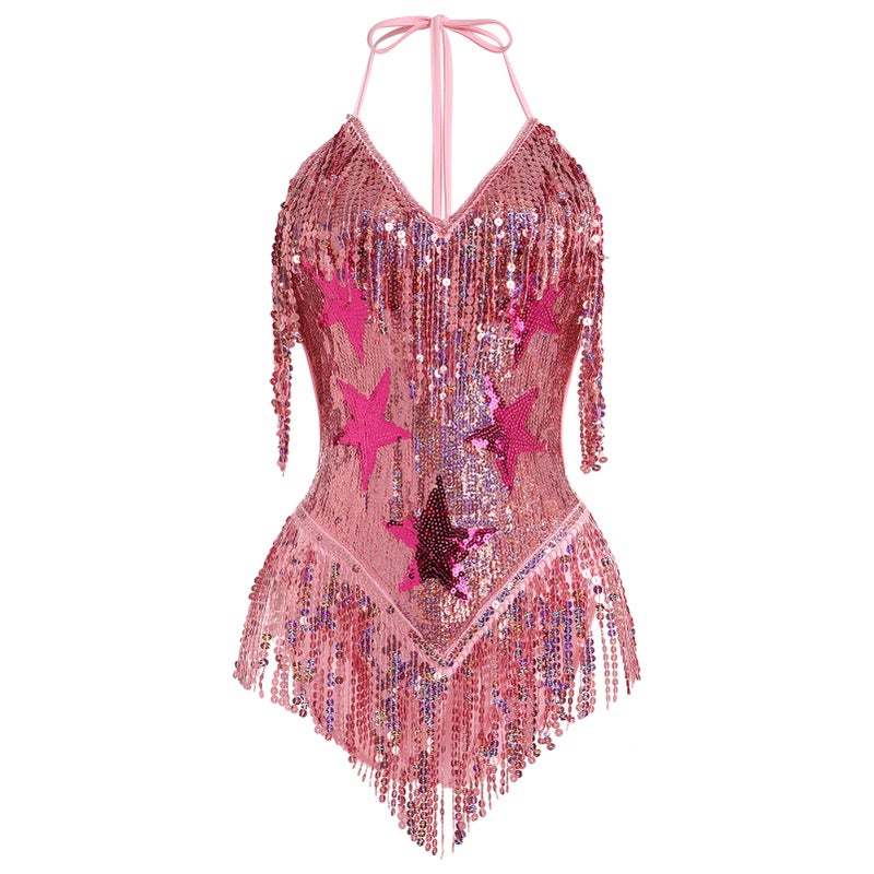ABAFIP Womens Sequin Fringe Dance Bodysuit Halter VNeck Sparkly Tassel Leotard Rave Festival Outfit Pink Small - Image 2