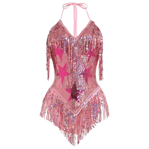 ABAFIP Womens Sequin Fringe Dance Bodysuit Halter VNeck Sparkly Tassel Leotard Rave Festival Outfit Pink Small - Image 1