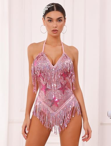 ABAFIP Womens Sequin Fringe Dance Bodysuit Halter VNeck Sparkly Tassel Leotard Rave Festival Outfit Pink Small - Image 3