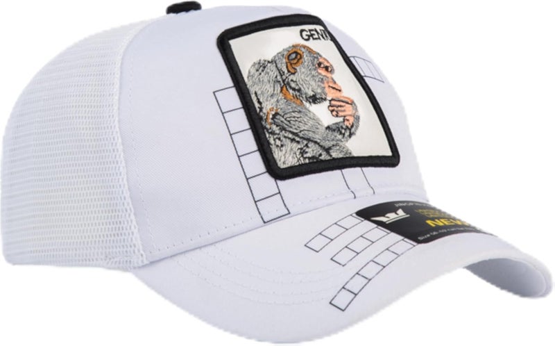 Genius Patch Trucker Cap, White, Mesh Back, Embroidered Patch, Adjustable Snapback, Structured Front Panel