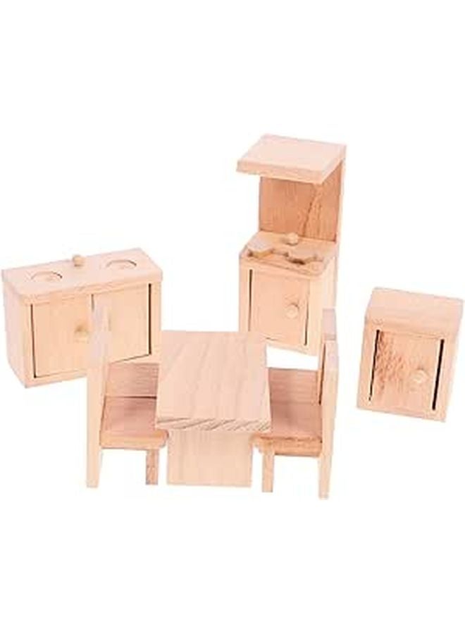 Miniature Wooden Dining Room Furniture Set Mini Table Chairs for Dollhouse - Image 1