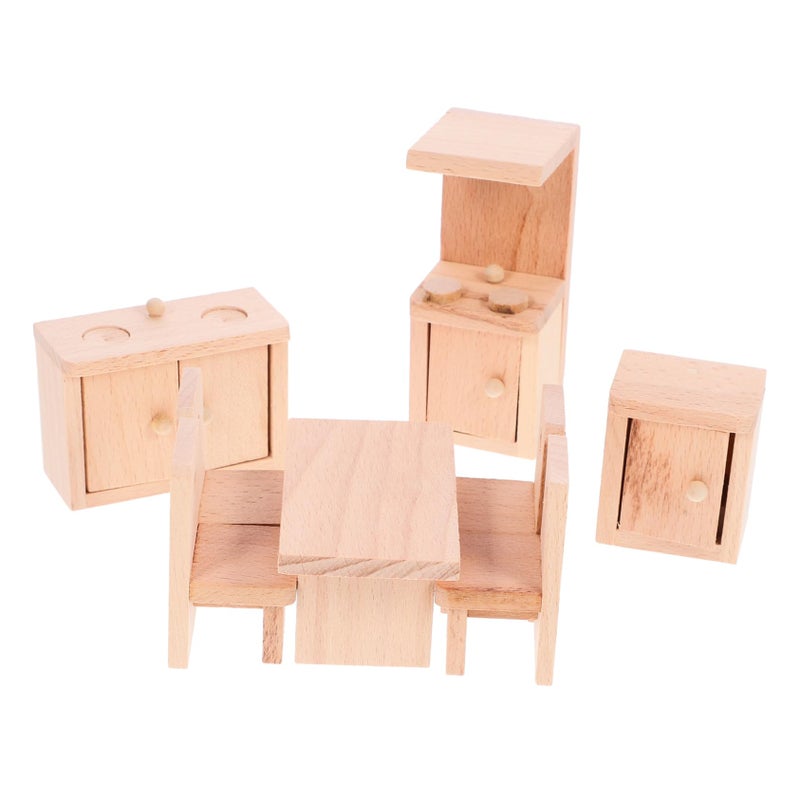Miniature Wooden Dining Room Furniture Set Mini Table Chairs for Dollhouse - Image 2