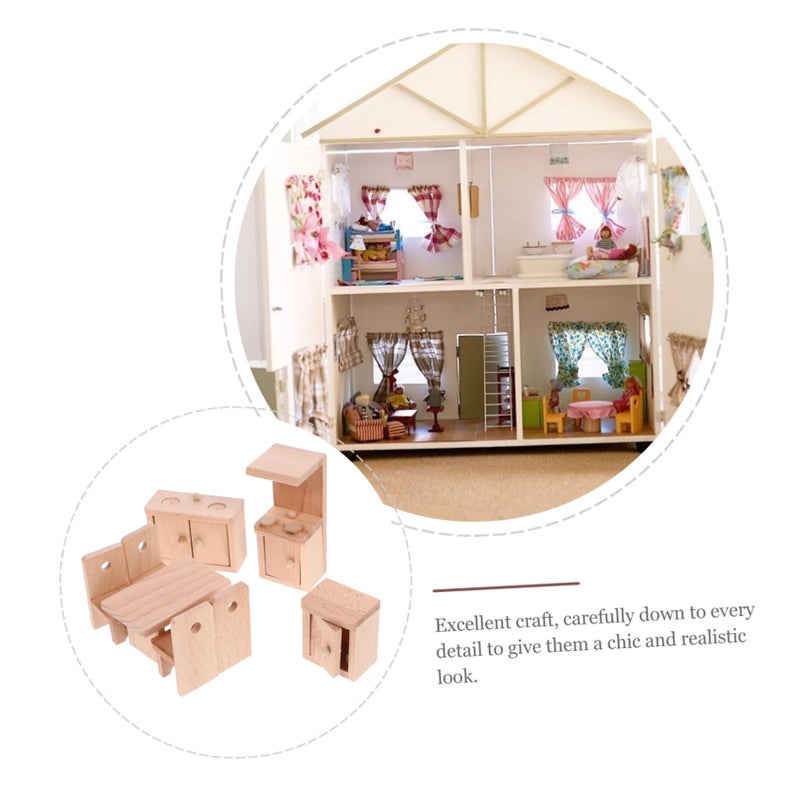 Miniature Wooden Dining Room Furniture Set Mini Table Chairs for Dollhouse - Image 4