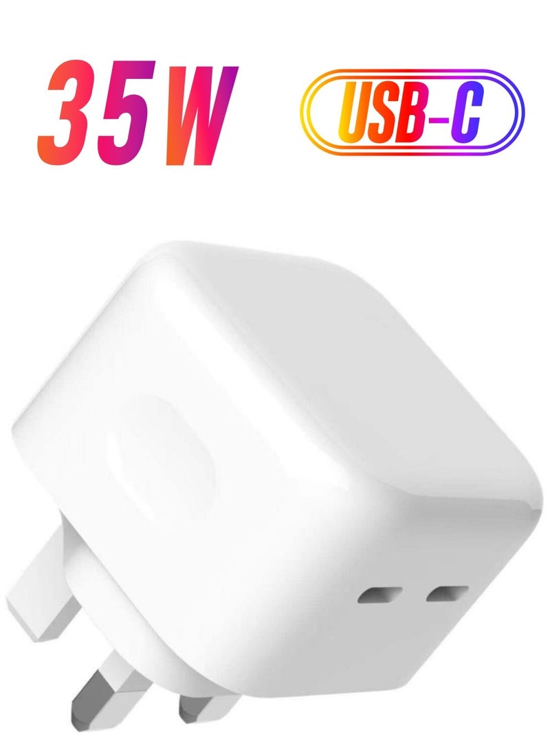 Original 35W USB-C Power Adapter For iPhone 14 13 12 11 Pro Max 14 Plus XS XR XS Max iPad Pro Macbook Dual Type C Port PD Fast Charging UK Plug Wall Charger - Image 1