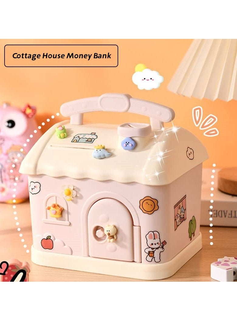 Zikra Money Bank for Kids, Cottage Money Bank with DIY Sticker & Key Lovely Money Bank for Kids to Saving Money Children's Birthday Gifts (Pink) - Image 2