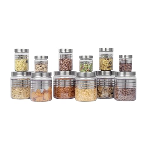 EOS- BUILDING TRUST Silverline 12B PET Kitchen Storage Jars with Steel Cap - 1500 ML,1000 ML, 500 ML, 250 ML (Pack of 12), Transparent - Image 1