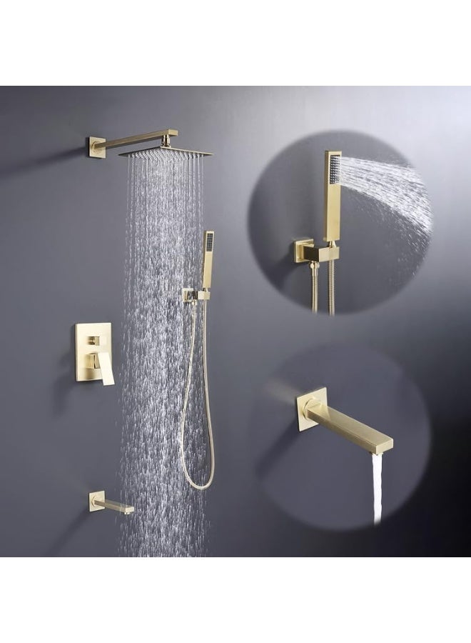 TASVORA 3 Way Rain Shower System | Golden Shower Combo Set | Wall Mount | Faucet | Bathroom Faucets with Rainfall Shower Head and Hand Shower - Image 3