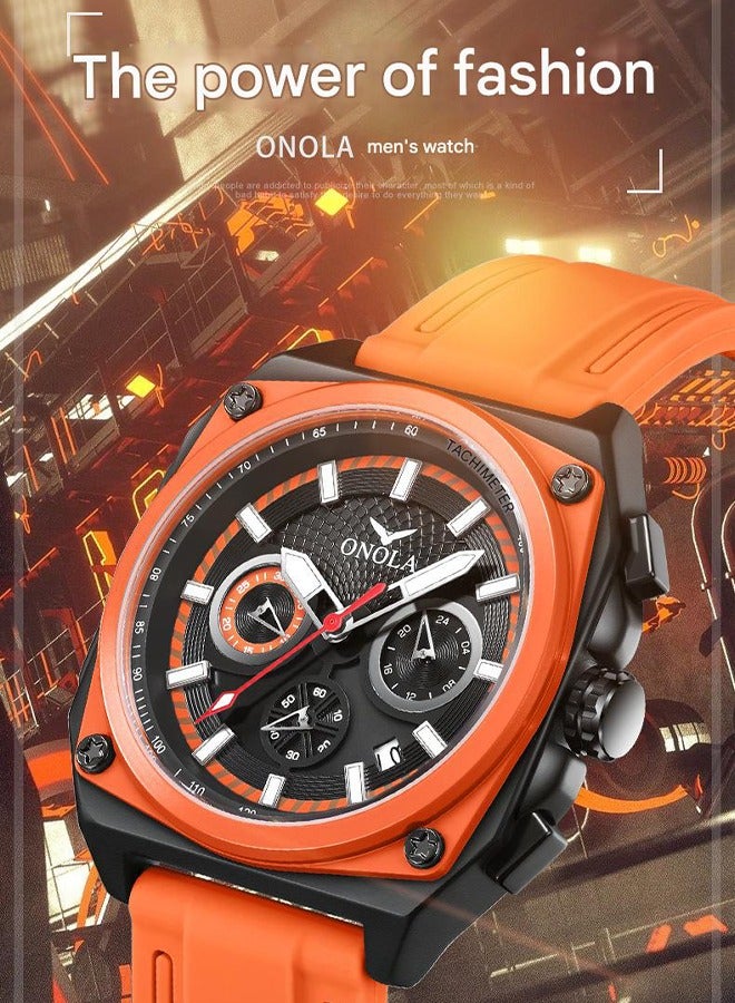 ONOLA ​​ONOLA Men's Multifunction Quartz Watch - Orange Dial with Waterproof Silicone Strap, 30M Water Resistance, Sporty Casual Style, Ideal for Daily Wear, Gym Training & Outdoor Activities​​ - Image 2