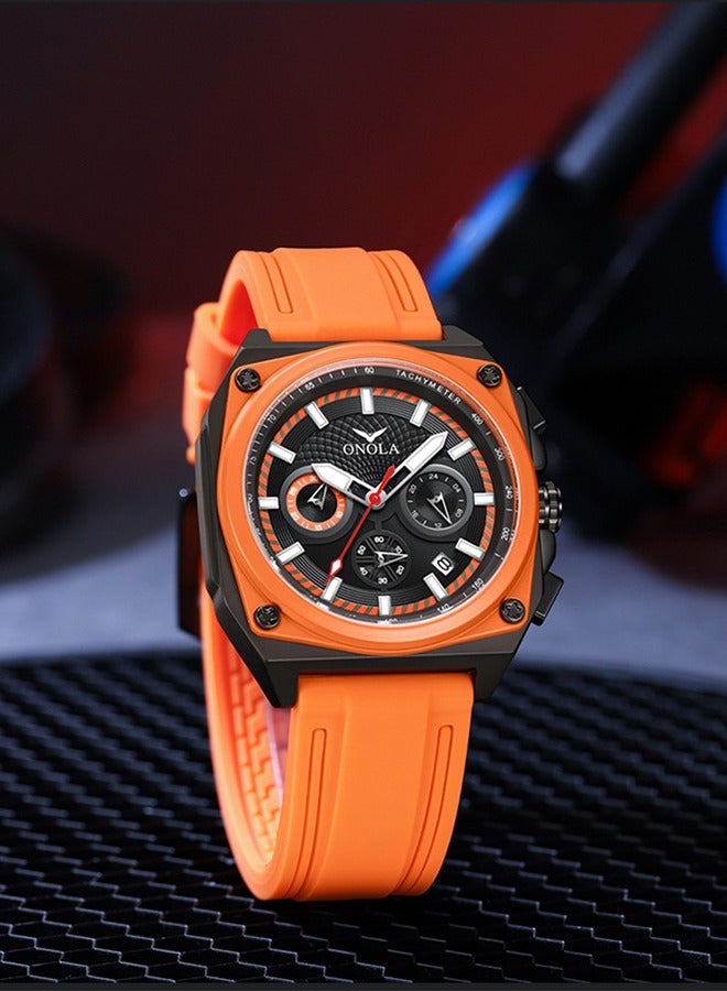 ONOLA ​​ONOLA Men's Multifunction Quartz Watch - Orange Dial with Waterproof Silicone Strap, 30M Water Resistance, Sporty Casual Style, Ideal for Daily Wear, Gym Training & Outdoor Activities​​ - Image 3