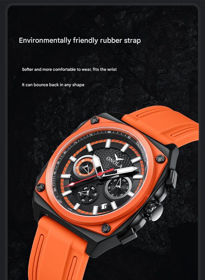 ONOLA ​​ONOLA Men's Multifunction Quartz Watch - Orange Dial with Waterproof Silicone Strap, 30M Water Resistance, Sporty Casual Style, Ideal for Daily Wear, Gym Training & Outdoor Activities​​ - Image 4