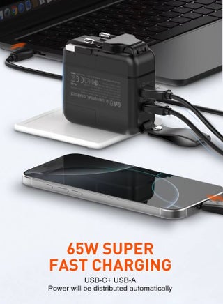 65W Universal Travel Adapter,US/UK/EU Plug, GaN USB C Charger Plug 2-Port Fast Wall Charger With Type-C Cable Compatible for MacBook, HP, Dell, Lenovo, iPhone 16, iPad, Galaxy Tab/S25, Switch etc - view 2