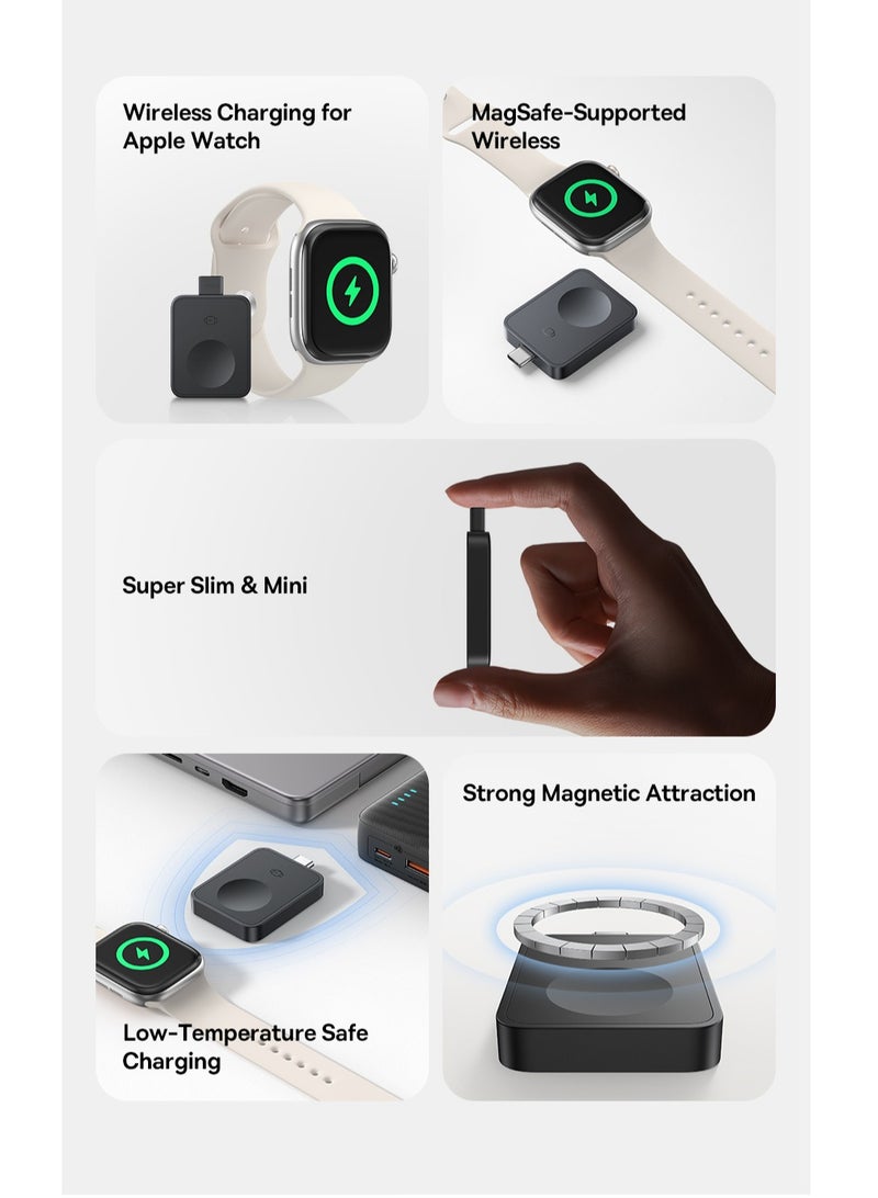 بيسوس شاحن ساعة آبل المغناطيسي USB C 【ترقية 2025】 مصمم لساعة آبل، صغير ومحمول، شاحن لاسلكي مغناطيسي سريع لـ iWatch، شحن سريع مغناطيسي USB-C متوافق مع ساعة آبل ألترا، السلسلة 10/9/8/7/6/5/4/3/2/1، SE/SE2، ألترا/ألترا2، تصميم مدمج وصديق للسفر لجميع طرازات ساعة آبل - Image 3