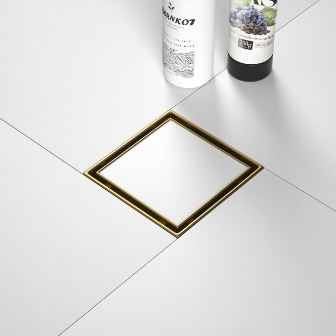 SQUARE SHOWER DRAIN 4 BRUSHED GOLD FLOOR DRAIN WITH TILED INSERT GRATE HAIR STRAINER 304 STAINLESS STEEL BATHROOM 2IN1 TILED IN DRAIN CUPC CERTIFIED BRUSHED GOLD 4