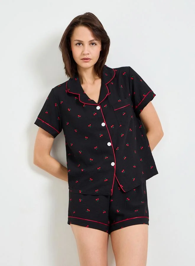 Black Cherry Print Shirt and Short Pajama Set