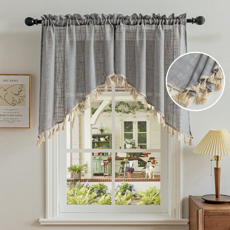 BD BEDA HOME Beda Home Tassel Linen Textured Swag Curtain Valance for Farmhousesâ€™ Kitchen; Light Filtering Rustic Short Swag Topper for Small Windows Bedroom Privacy Added Rod Pocket Design (36W x 36L, Grey) - Image 1