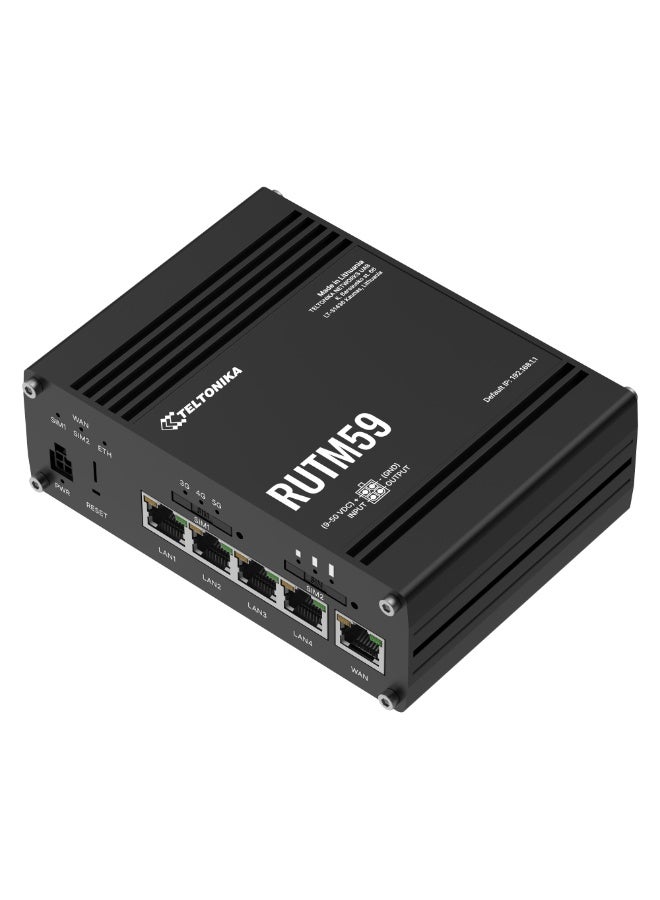TELTONIKA RUTM59 is a TELTONIKA Networks cellular 5G router with support for both SA and NSA 5G architectures, Dual-SIM, 5x Gigabit Ethernet ports, GPS, a powerful CPU and RUTOS software for advanced networking solutions. - Image 1
