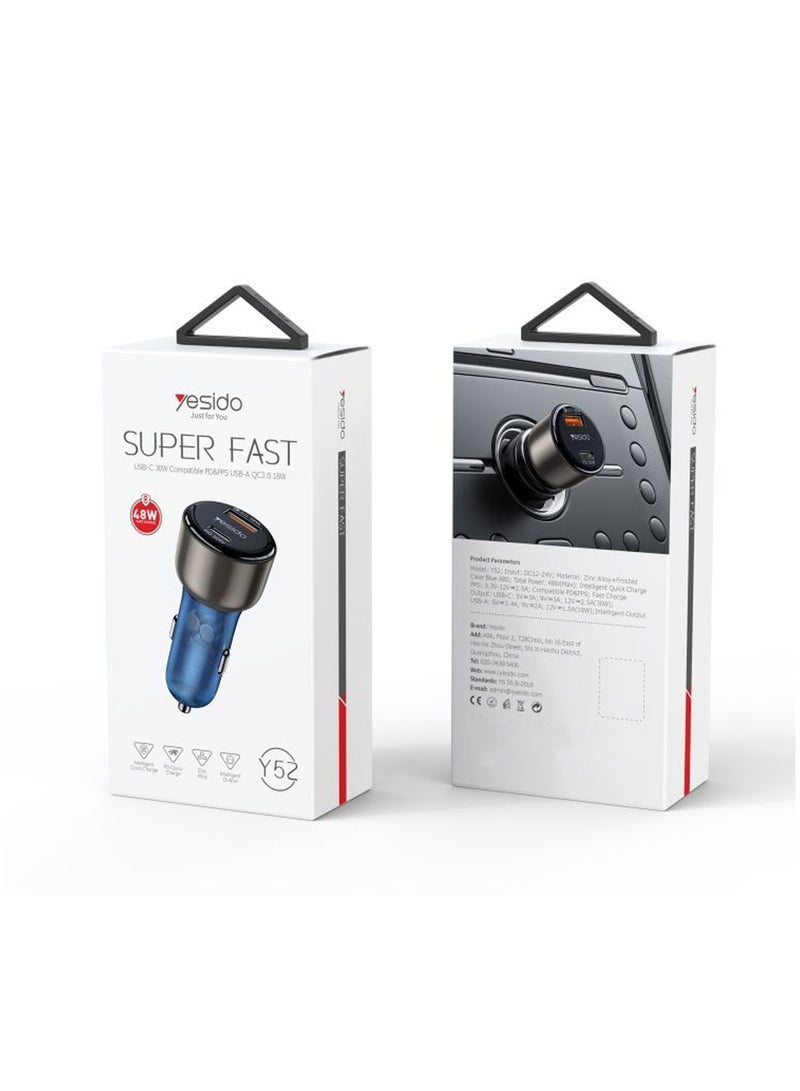 Yesido Y52 Super Fast Car Charger PD 30W Type-C and QC 18W USB 2 Ports Car Charger - Black/Blue - Image 1