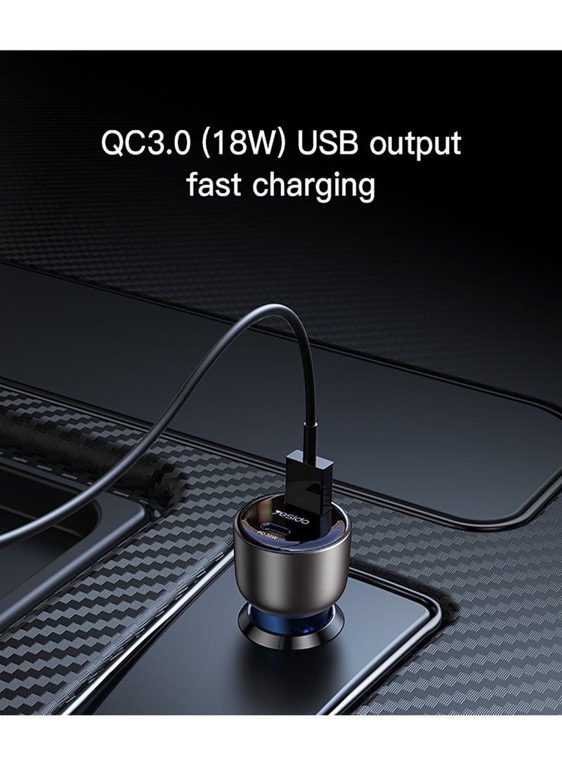 Yesido Y52 Super Fast Car Charger PD 30W Type-C and QC 18W USB 2 Ports Car Charger - Black/Blue - Image 5
