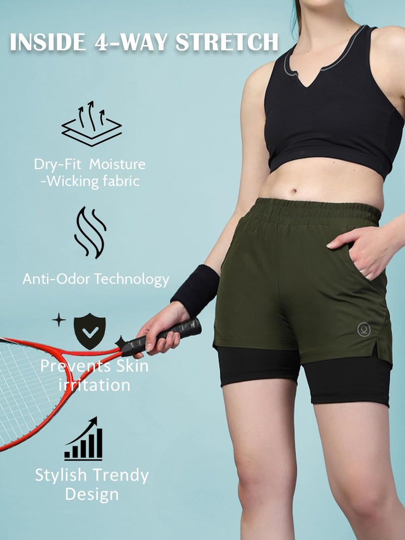 CHKOKKO Gym Shorts for Women Workout Sports Running Quick Dry Fit Double Layer Inner Compression with Pockets Breathable Lightweight Wear Olive Black S - Image 2
