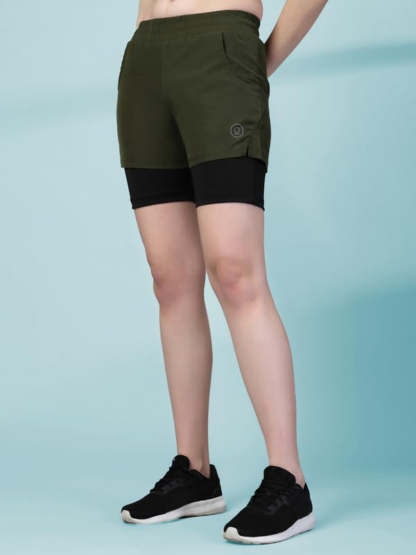 CHKOKKO Gym Shorts for Women Workout Sports Running Quick Dry Fit Double Layer Inner Compression with Pockets Breathable Lightweight Wear Olive Black S - Image 4