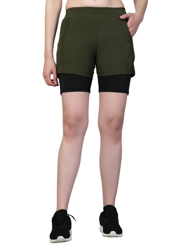 CHKOKKO Gym Shorts for Women Workout Sports Running Quick Dry Fit Double Layer Inner Compression with Pockets Breathable Lightweight Wear Olive Black S - Image 1