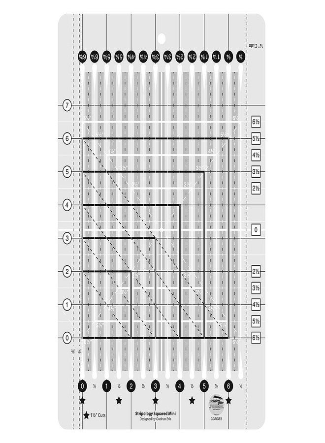 كريتيف جريدز مسطرة خياطة صغيرة مشقوقة من Creative Grids Stripology - CGRGE3 - صُنعت في الولايات المتحدة الأمريكية، مقاس 8-1/2 بوصة × 12-1/2 بوصة، مزودة بمقبض مانع للانزلاق، مناسبة لقص شرائط القماش الأكريليك، والخياطة، والحرف اليدوية، ومسطرة الترقيع، وقوالب الخياطة. - Image 1