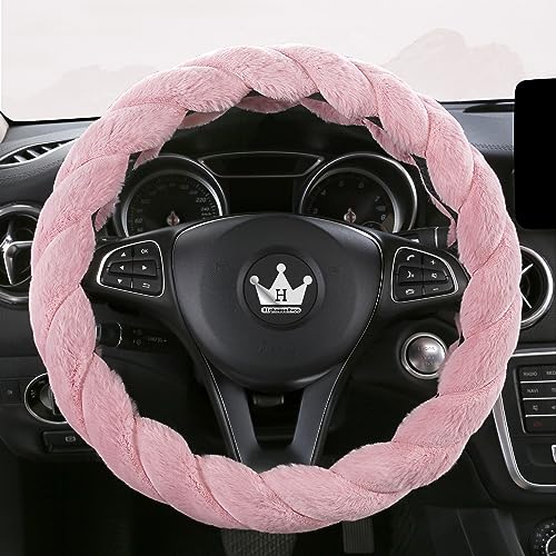 HighnessHwoo Luxury Fluffy Winter Car Steering Wheel Cover for Women Soft Warm Plush Cute Auto Accessories for Vehicle Sedan Universal Fuzzy Anti Slip Pink Standard Size 14751515