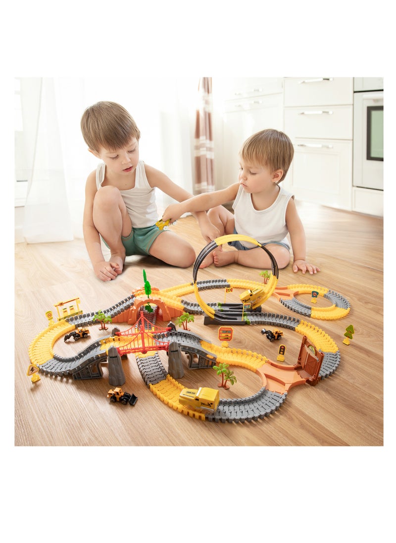TUMAMA KIDS Tumama Kids 342pcs Construction Race Tracks Toys Car Set With 2 Electric Race Vehicle Flexible 360° Train Tracks Construction Road Race Trucks  - Image 3
