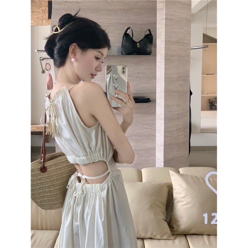 Neck Hanging Sling dress Childrens Summer Design Sense Hollow-out Open-waist Slimming Elegant Seaside Beach Holiday Dress Apricot