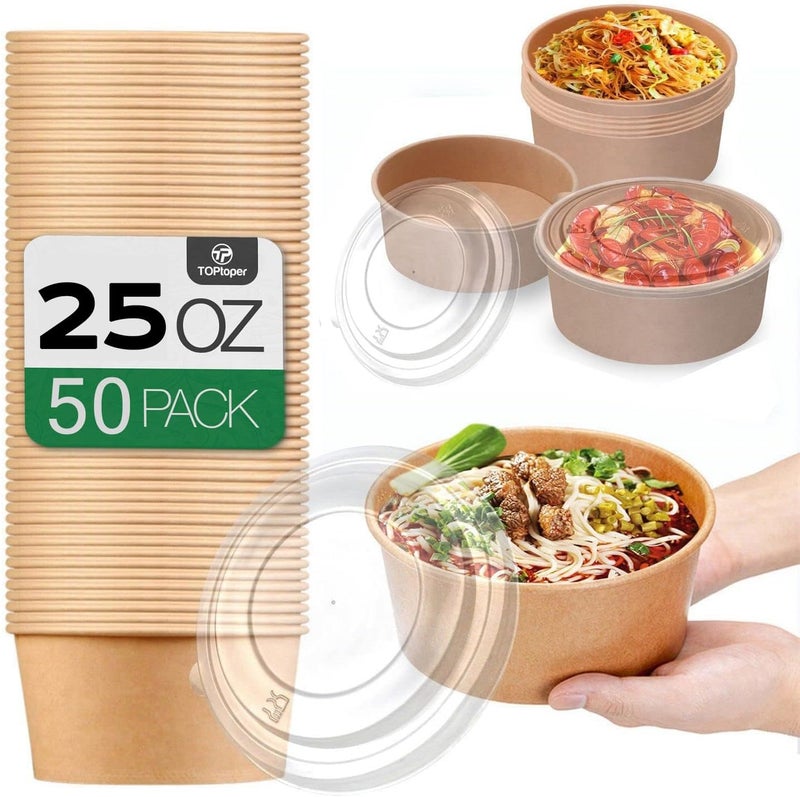 TOPtoper 50 Pack 25 Oz Large Paper Bowls with Lids, Disposable Soup Serving Bowls Bulk Party Supplies for Hot/Cold Food, Soup (25 OZ) - Image 1