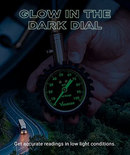Vondior Tire Pressure Gauge (0-100 PSI) - Certified ANSI B40.1 Tire Gauge for Cars and Trucks, Large 2" Glow Dial Easy-Read Tire Gauges for Tire Pressure Car Accessories - Image 4