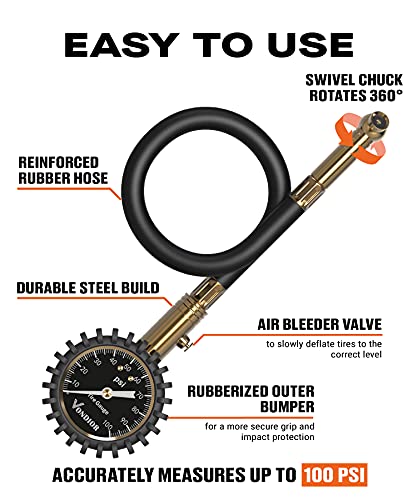 Vondior Tire Pressure Gauge (0-100 PSI) - Certified ANSI B40.1 Tire Gauge for Cars and Trucks, Large 2" Glow Dial Easy-Read Tire Gauges for Tire Pressure Car Accessories - Image 2