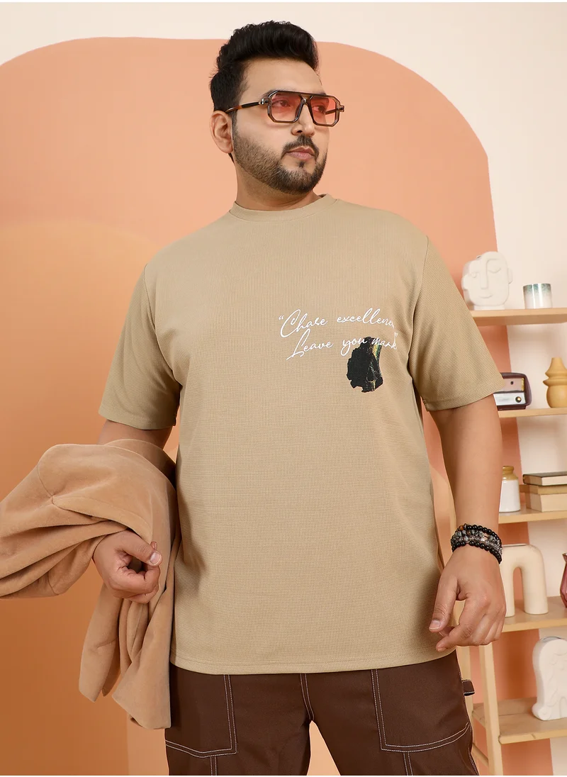 انستافاب بلس Instafab Plus Men's Khaki Beige Boxy Grecian-Modernism T-Shirt For Casual Wear | Crew Neck | Short Regular Sleeves | Pull On Closure | Plus Size T-Shirt Crafted With Comfort Fit For Everyday Wear