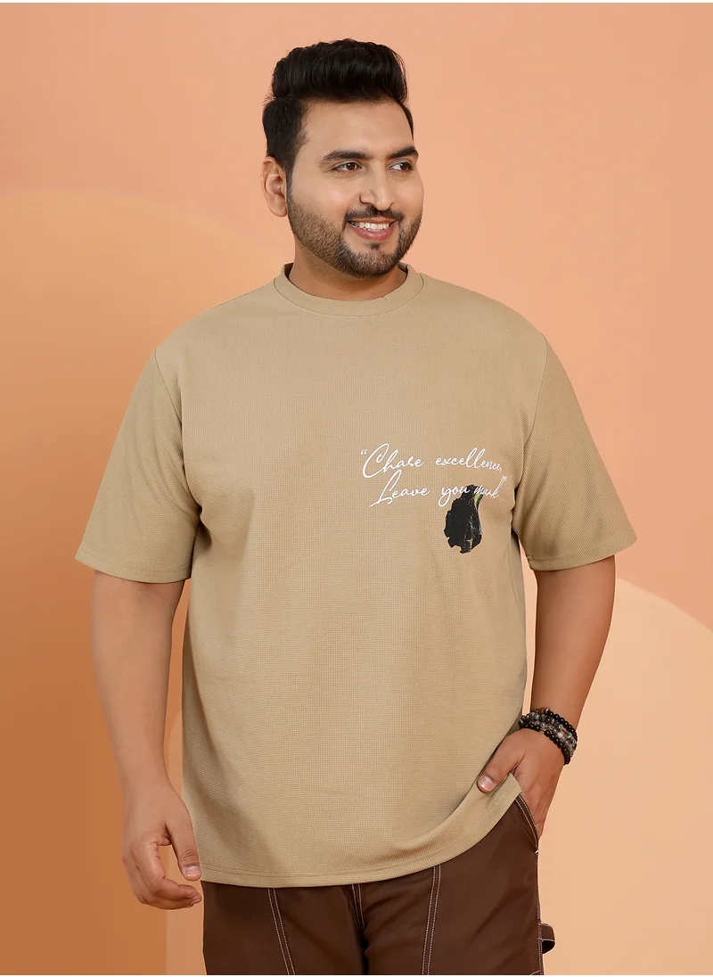 انستافاب بلس Instafab Plus Men's Khaki Beige Boxy Grecian-Modernism T-Shirt For Casual Wear | Crew Neck | Short Regular Sleeves | Pull On Closure | Plus Size T-Shirt Crafted With Comfort Fit For Everyday Wear